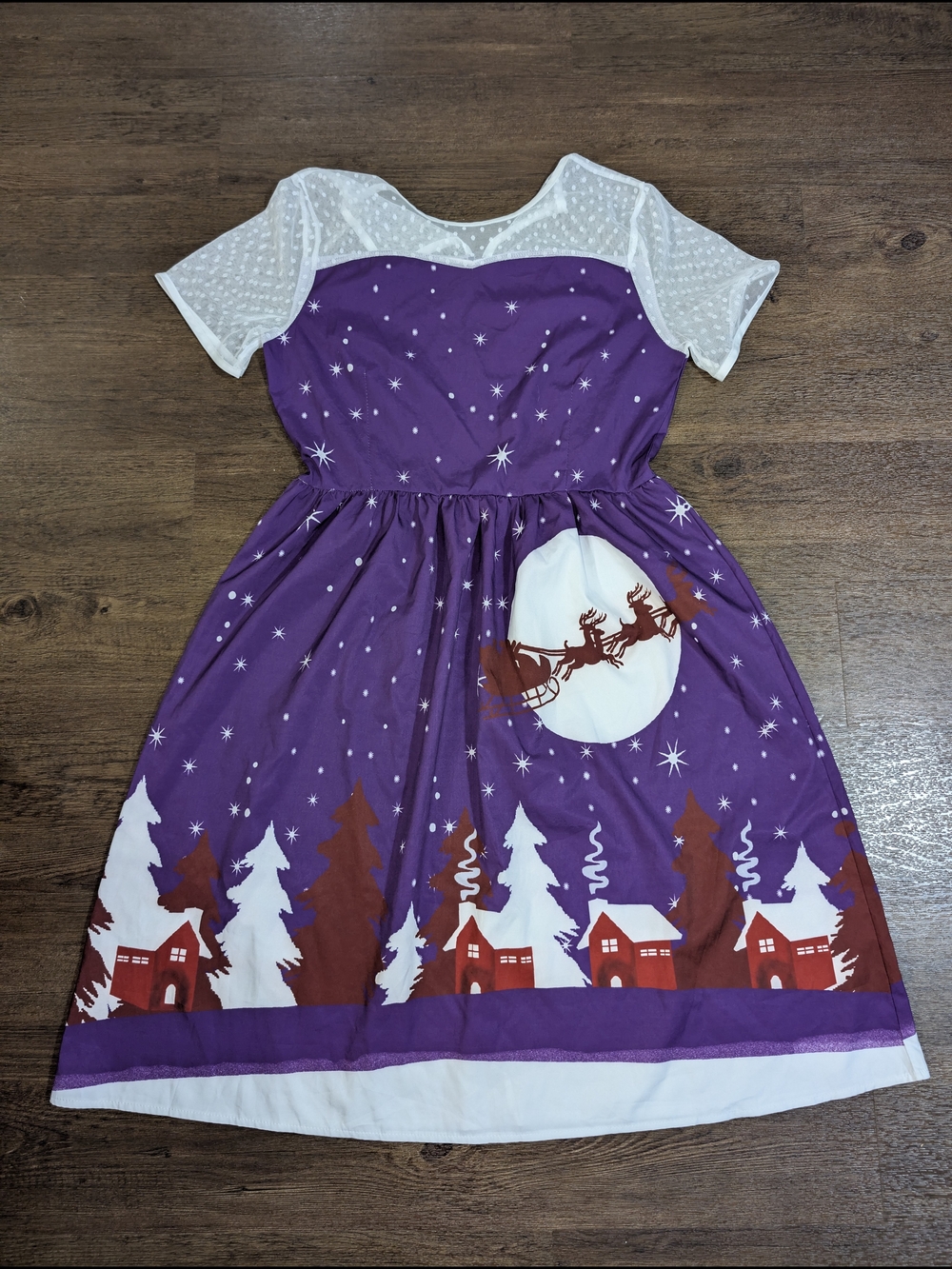 Women's SZ XL Ugly Christmas Dress Novelty Santa Sleigh Purple White Lace Top